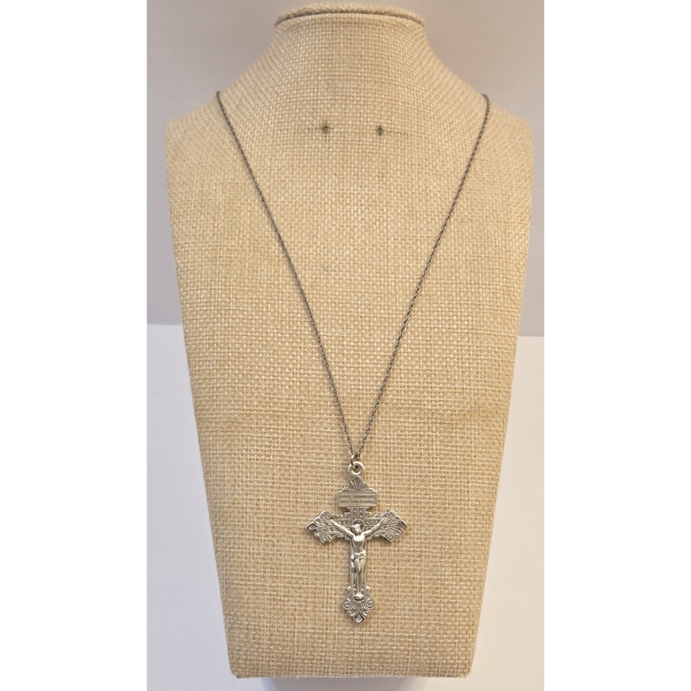 Ornate Vintage Sterling Silver Crucifix Scripture Pendant 20" Sterling Chain